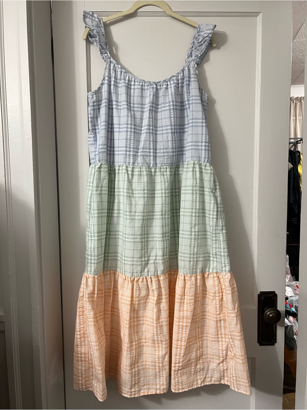 Tiered Plaid Maxi Dress in Blue, Mint & Peach